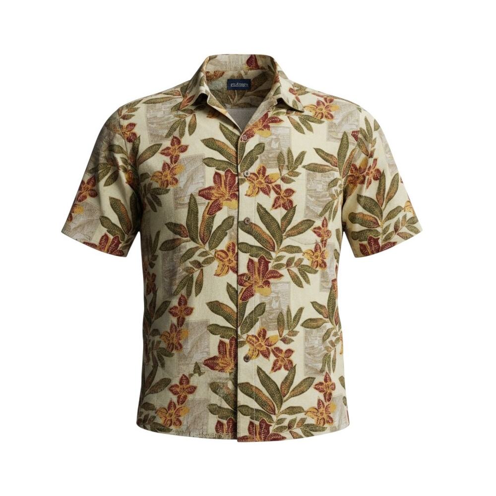 Puritan Men's Floral Hawaiian Camp Shirt Beige Button Front Size M